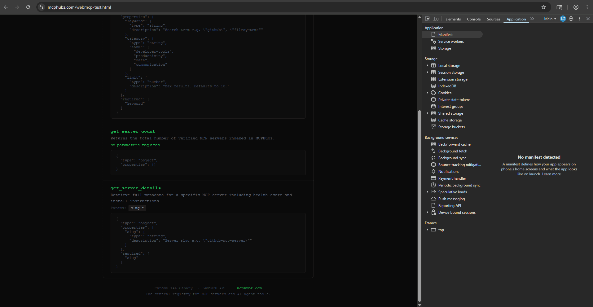 Chrome Canary 146 showing all three registered WebMCP tools: get_server_count with no parameters required, and get_server_details with slug parameter