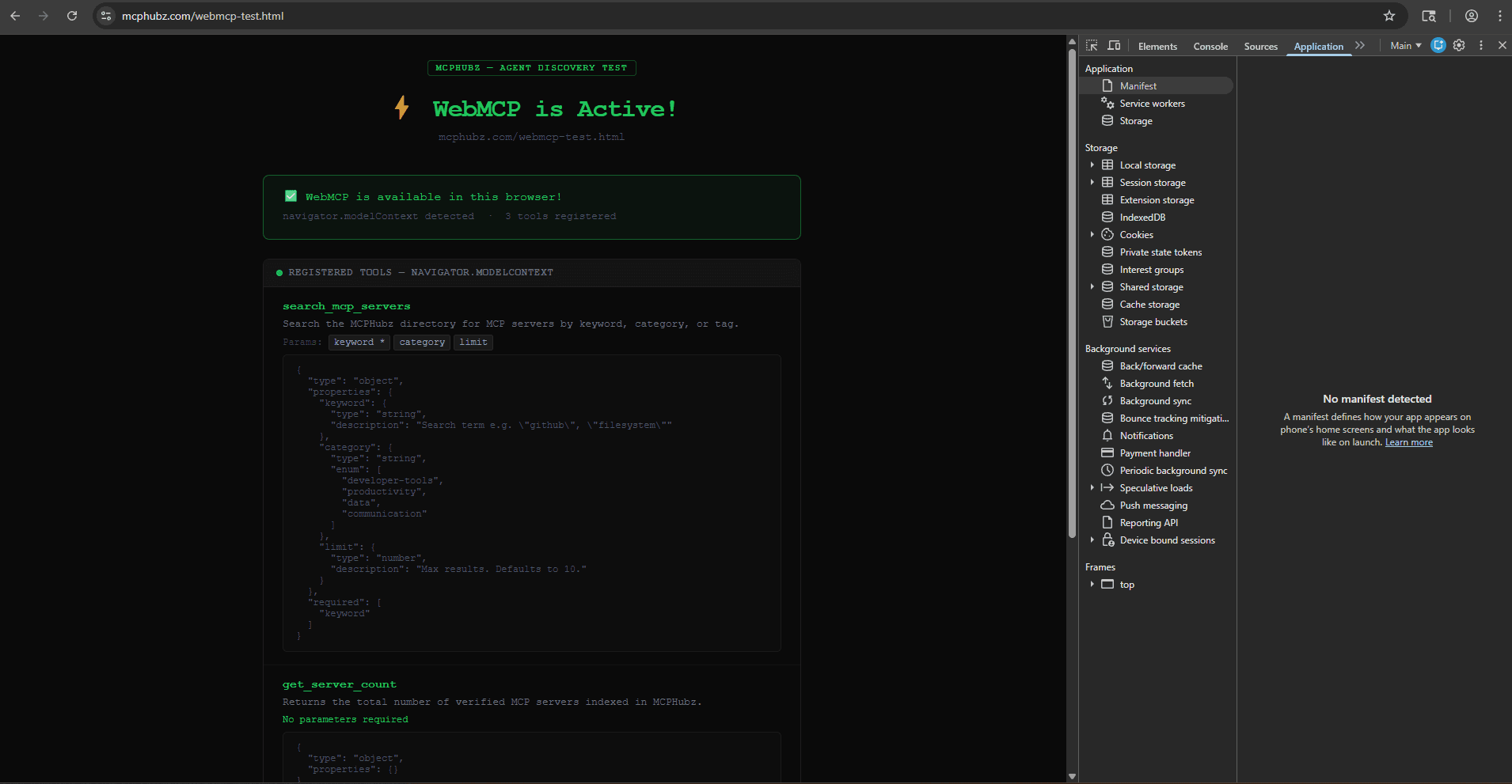 Chrome Canary 146 showing WebMCP is Active with navigator.modelContext detected and 3 tools registered including search_mcp_servers with full JSON schema